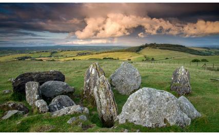 Loughcrew Cairns, standing stones and view
